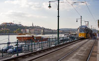 #2 tram running along the east back of the Duna (Danube), Széchenyi (Chain) Bridge and Castle Hill in the background