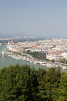 Panorama of view north from Gellért Hill: Royal Palace, Széchenyi (Chain) Bridge, Margaret Island, and Parliament