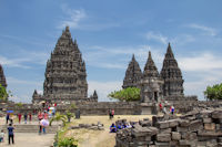 Panorama of L to R: Hamsa temple, a reconstructed Pervara temple, Brahma temple, Shiva temple (rear), Nandi temple (front), Patok temple, another reconstructed Pervara temple, Garuda temple