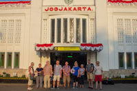 06:19 at Yogyakarta railway station: Margaret Whiteley, Julie & Steve Spooner, Martin, Paul Whiteley, Emily Searson, Linda, Jamie Searson, tourist
