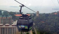 An Angry Birds cable car, with the Sentosa Merlion in the background