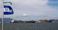 Tanker passing between Pier 39 and Alcatraz