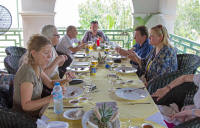 Mekong lunch: LtoR: Polly Oakley, Christine, Grahame, Dan, Pauline Davies, Julie